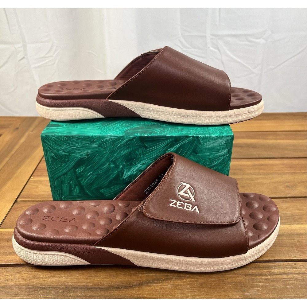Zeba Slide Sandals Men's SZ 11 Brown Adjustable Strap Comfort Massage Footbed